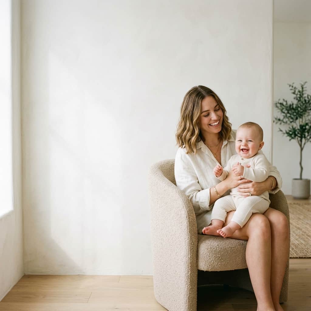Smiling parent holding a happy baby on the right side of a bright Scandinavian living room